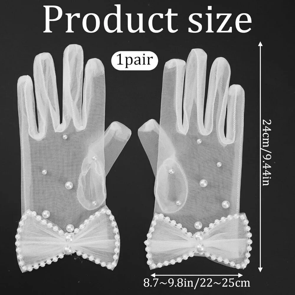 Women's Tulle Mesh Short Pearl Bow White Gloves Wedding Party Tea Accessories